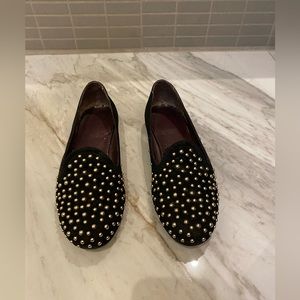Stuart Weitzman Embellished Black Flats with zipper heel. Size 5